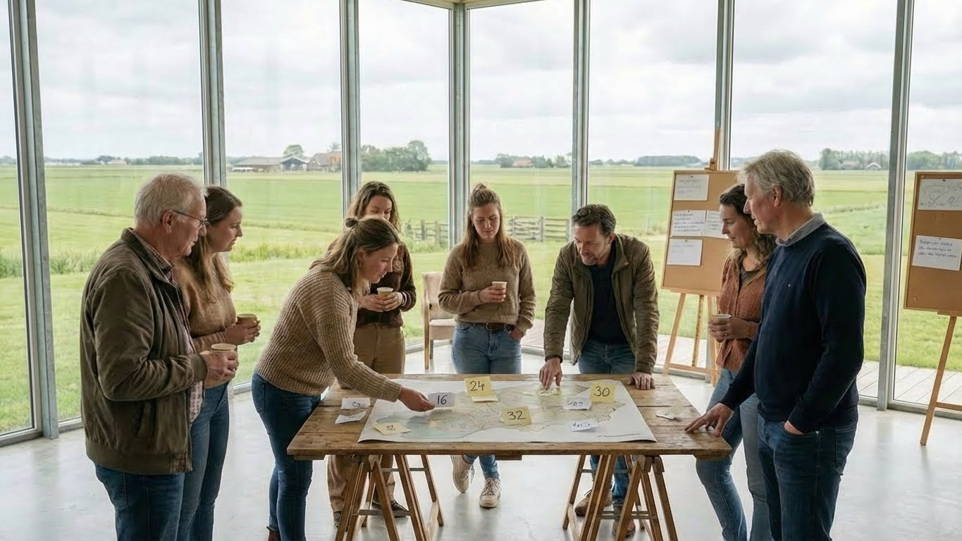 Inwoners en professionals rond een werktafel met een kaart, met uitzicht op Fries weidelandschap